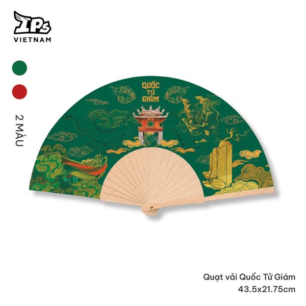  Quạt tay vải màu Xanh họa tiết Văn Miếu Quốc Tử Giám – 43.5x21.75 cm 