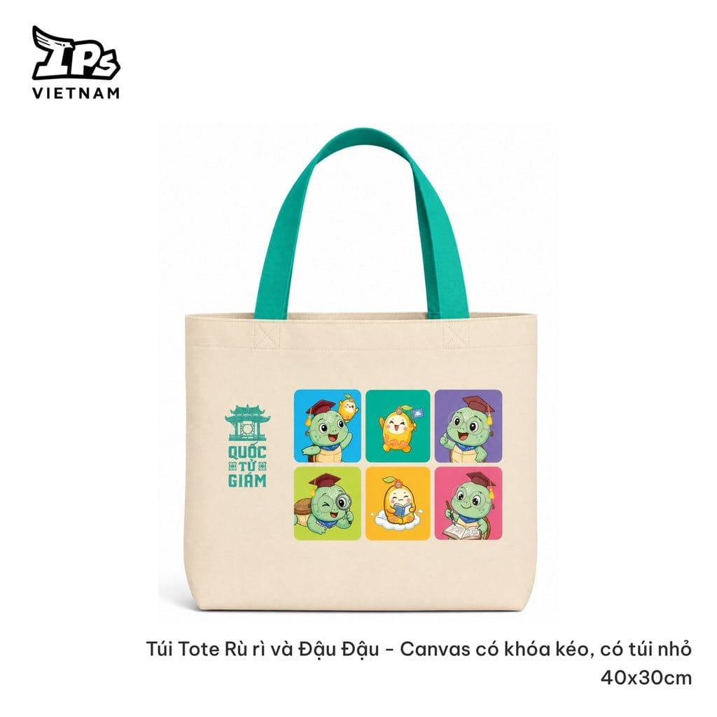  Túi vải tote canvas màu Kem hoạ tiết Rù Rì và Đậu Đậu 