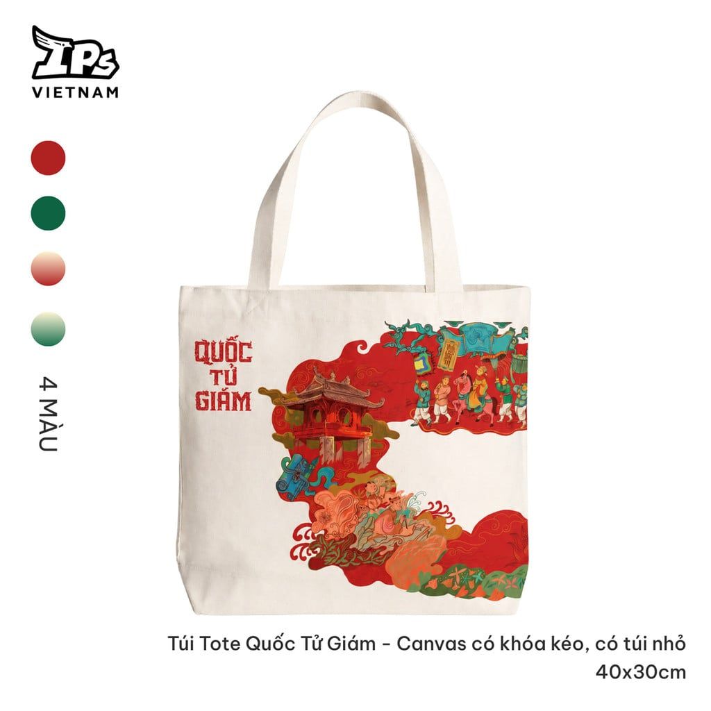  Túi vải tote Quốc Tử Giám canvas màu Trắng Đỏ hoạ tiết Văn Miếu 