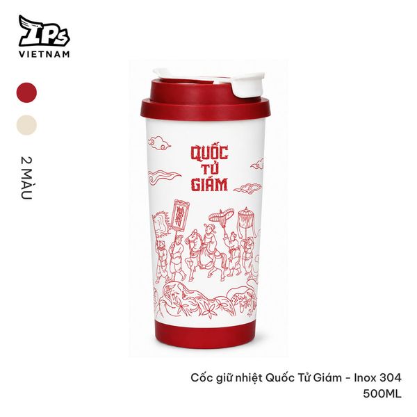  Cốc nước giữ nhiệt màu Trắng hoạ tiết Văn Miếu Quốc Tử Giám Inox 304 500ml 