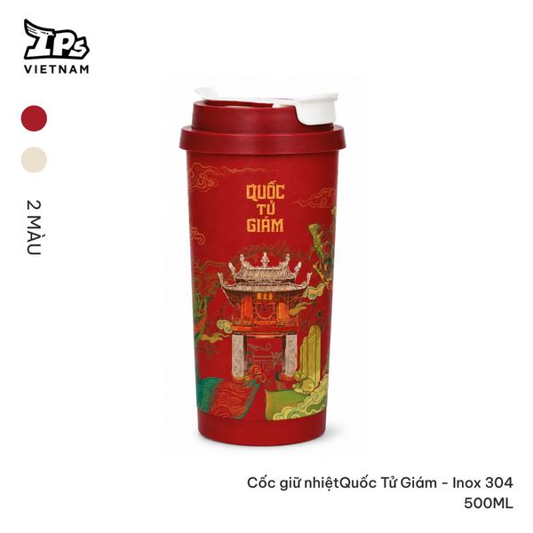  Cốc nước giữ nhiệt màu Đỏ hoạ tiết Văn Miếu Quốc Tử Giám Inox 304 500ml 