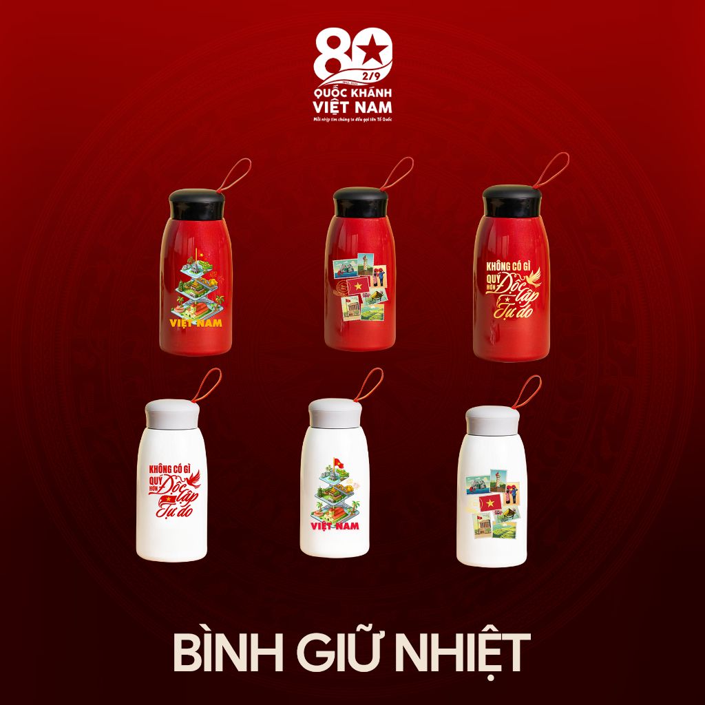  Bình nước giữ nhiệt Trắng in logo chủ đề Tổ Quốc trong tim- Kỷ niệm 80 năm Quốc Khánh Việt Nam 