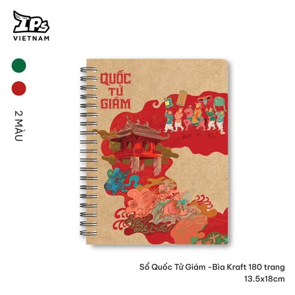  Sổ tay màu Đỏ gáy xoắn Quốc Tử Giám - bìa Kraft hoạ tiết Văn Miếu 180 trang kích thước 13.5 x 18 cm 