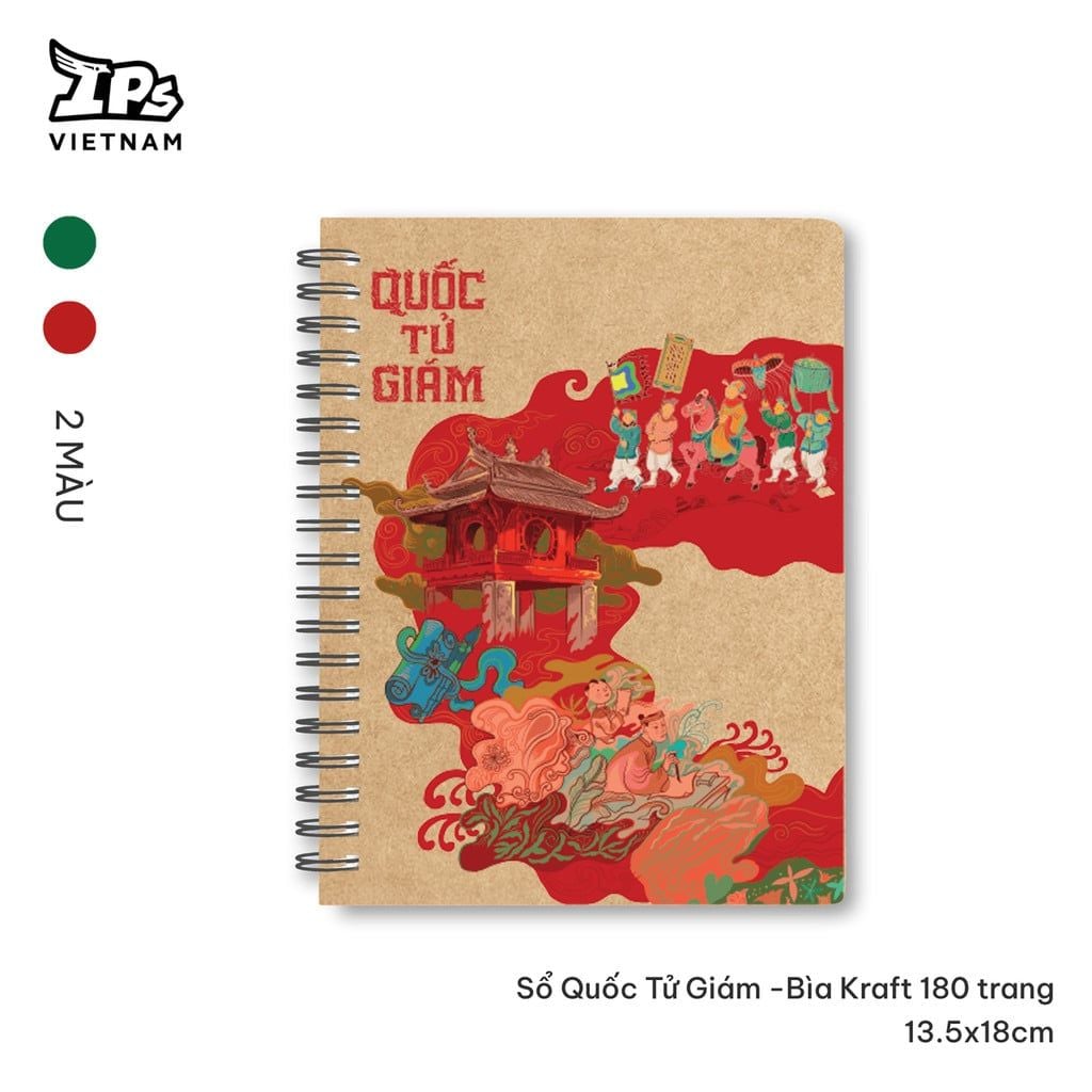  Sổ tay màu Đỏ gáy xoắn Quốc Tử Giám - bìa Kraft hoạ tiết Văn Miếu 180 trang kích thước 13.5 x 18 cm 