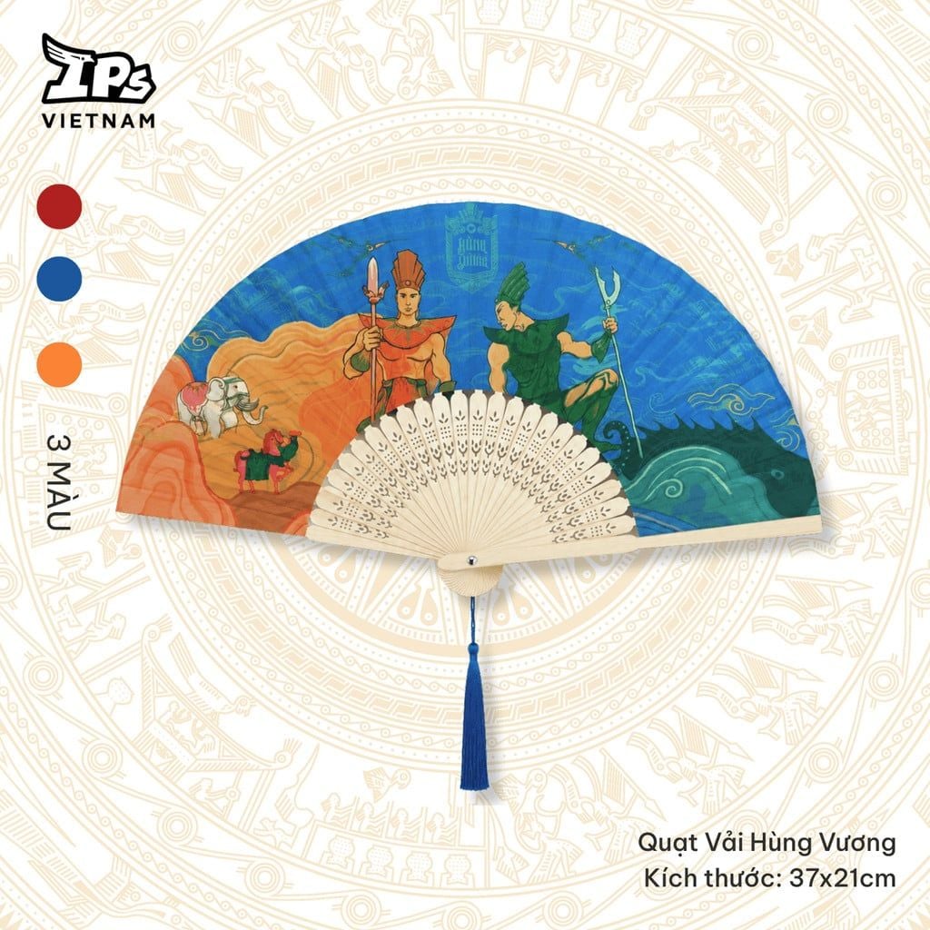  Quạt tay vải Xanh Dương họa tiết IP Hùng Vương – 37x21cm (AHV-011) 