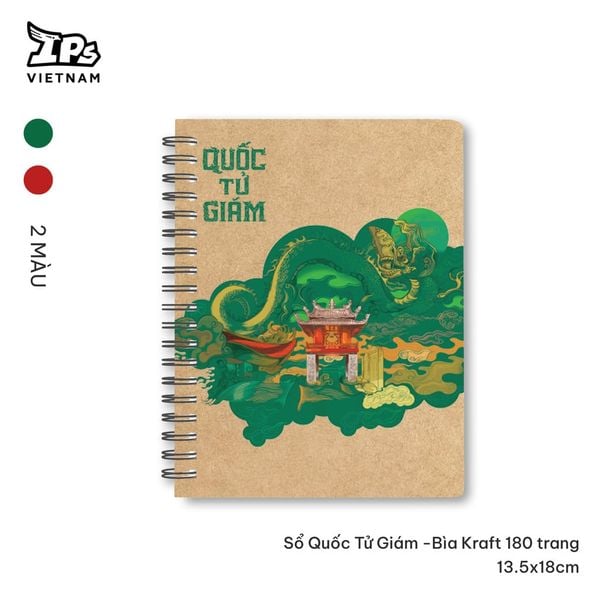  Sổ tay màu Đỏ gáy xoắn Quốc Tử Giám - bìa Kraft hoạ tiết Văn Miếu 180 trang kích thước 13.5 x 18 cm 