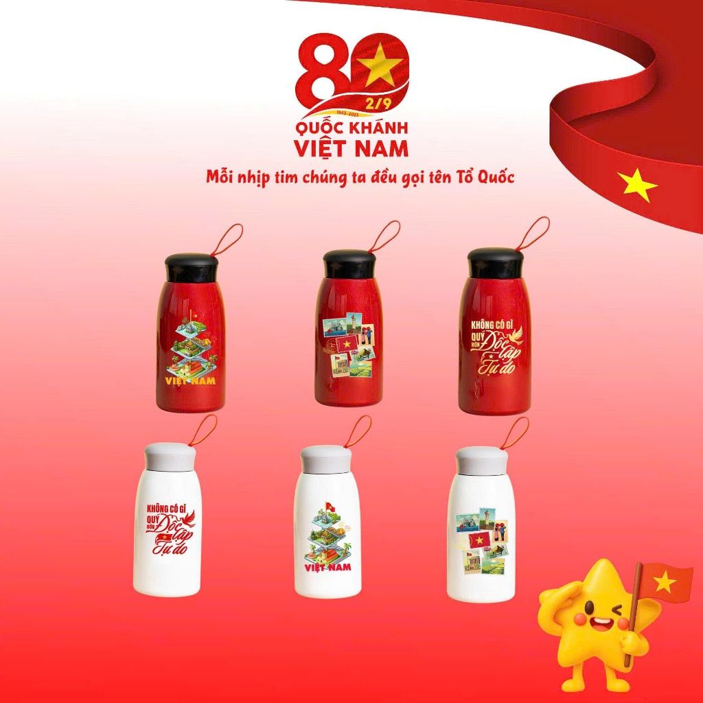  Bình nước giữ nhiệt Đỏ in logo chủ đề Tổ Quốc trong tim- Kỷ niệm 80 năm Quốc Khánh Việt Nam 