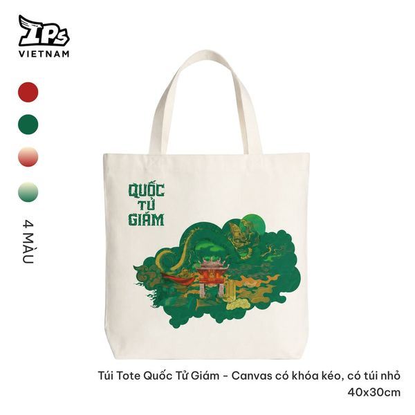  Túi vải tote Quốc Tử Giám canvas màu Trắng Xanh hoạ tiết Văn Miếu 