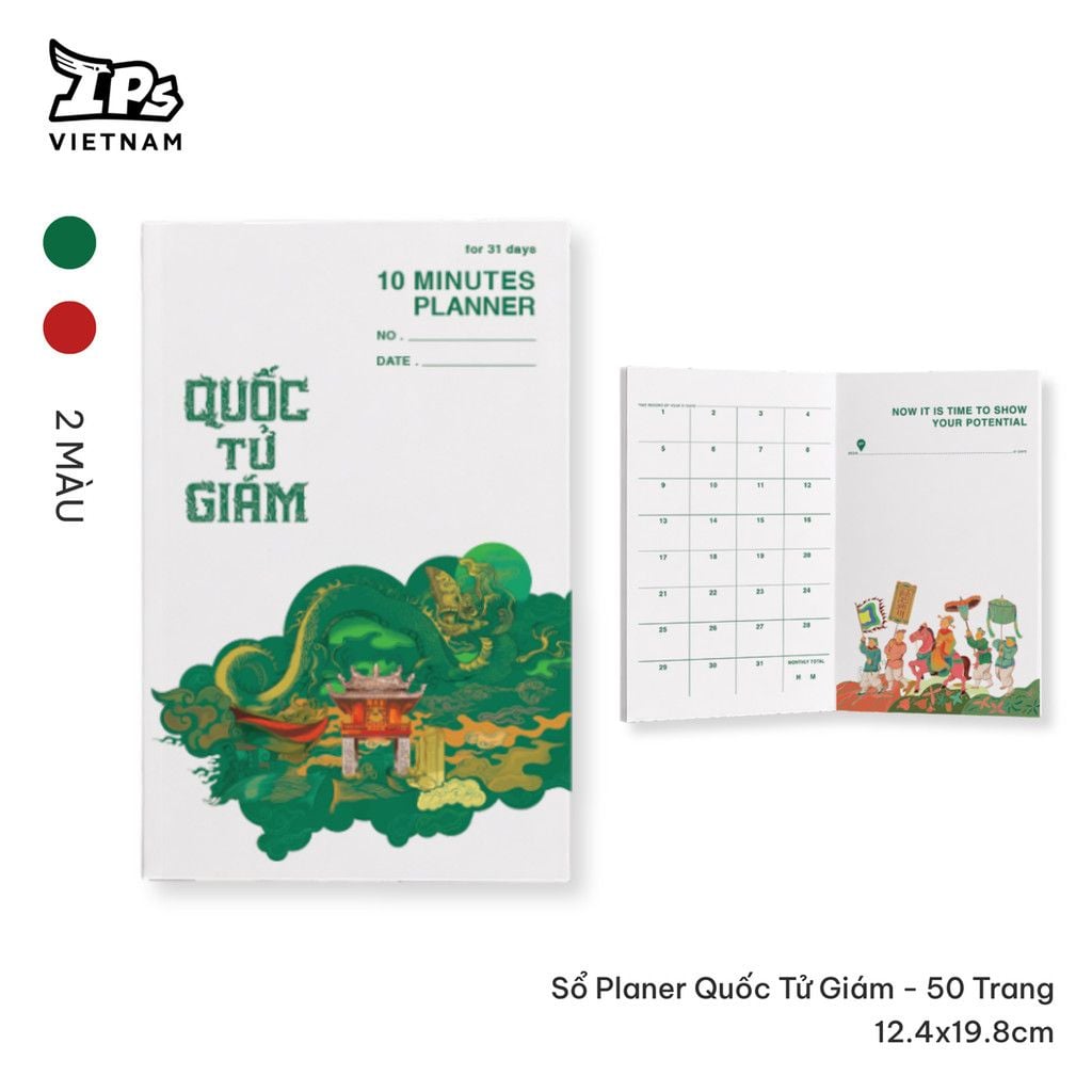  Sổ Planer Quốc Tử Giám màu Xanh hoạ tiết IP Văn Miếu 50 trang kích thước 12.4 x 19.8 cm 