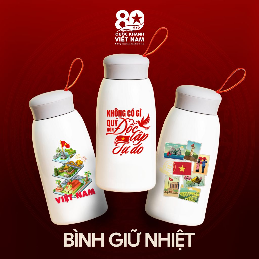  Bình nước giữ nhiệt Trắng in logo chủ đề Tổ Quốc trong tim- Kỷ niệm 80 năm Quốc Khánh Việt Nam 