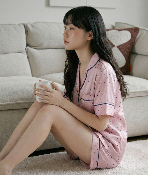 [LUXURY] Pijama Lụa Quần Ngắn Bi Hồng