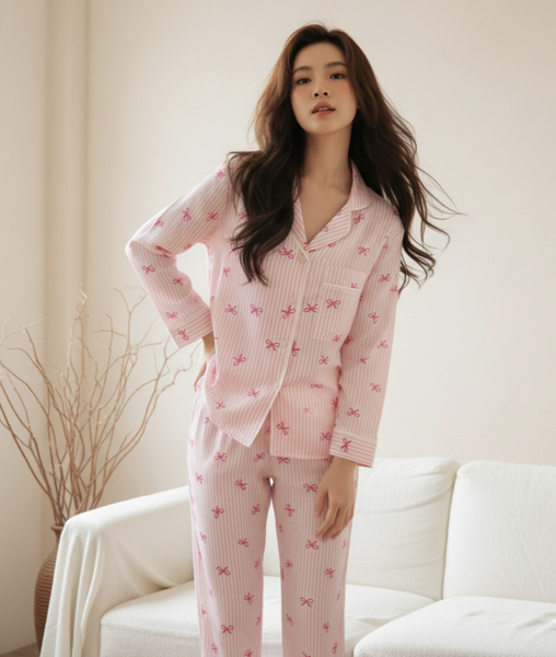 [LUXURY] PJ Lụa Tay Dài Sọc Nơ