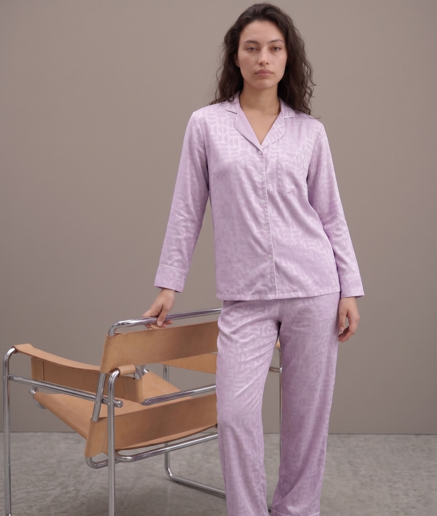  Pijama Tay Dài Gấm Màu Tím Nhạt 