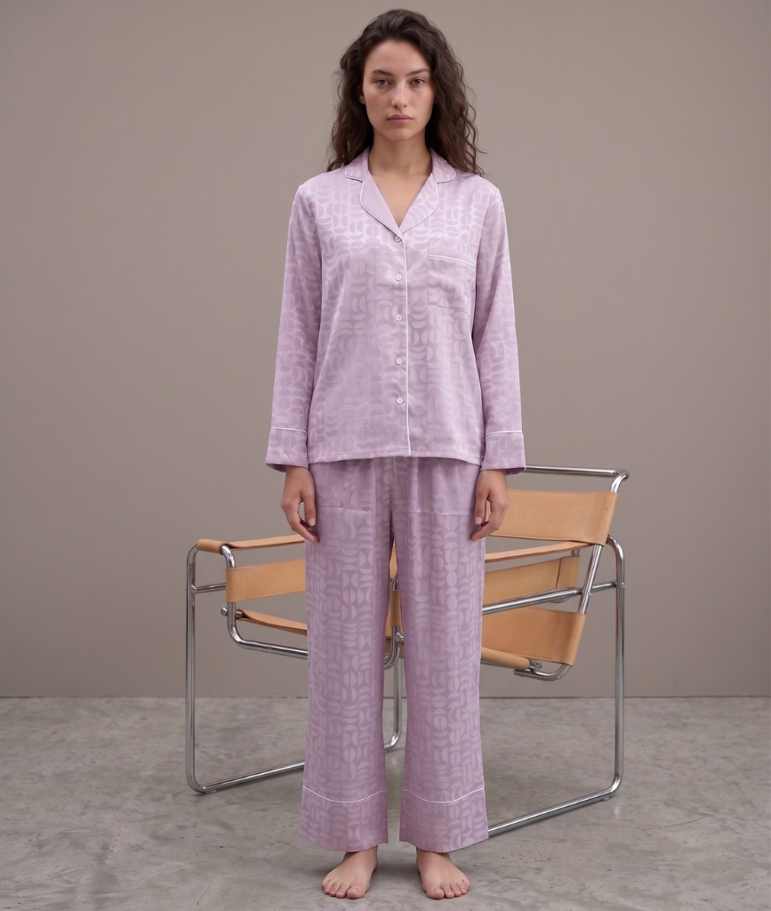  Pijama Tay Dài Gấm Màu Tím Nhạt 