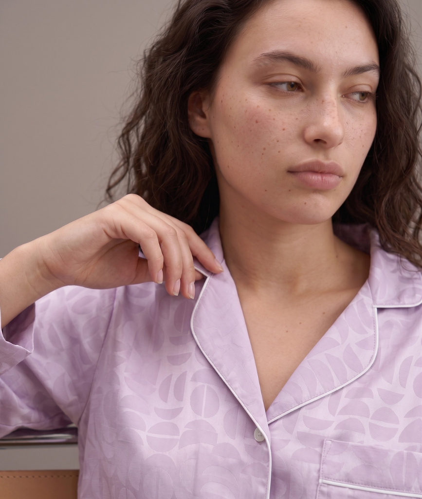  Pijama Tay Dài Gấm Màu Tím Nhạt 