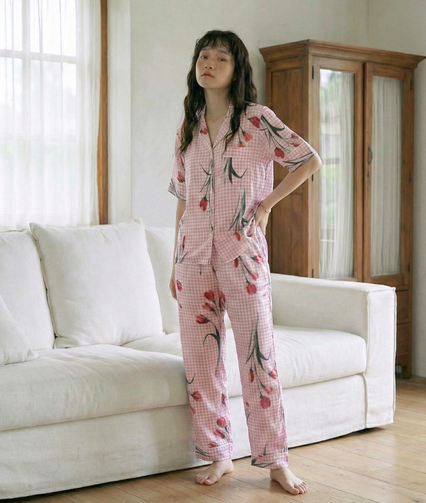  [LUXURY] Pijama Lụa In Caro Hoa 