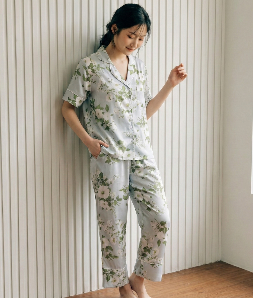  [LUXURY] Pijama Lụa Hoa Trà Trắng 
