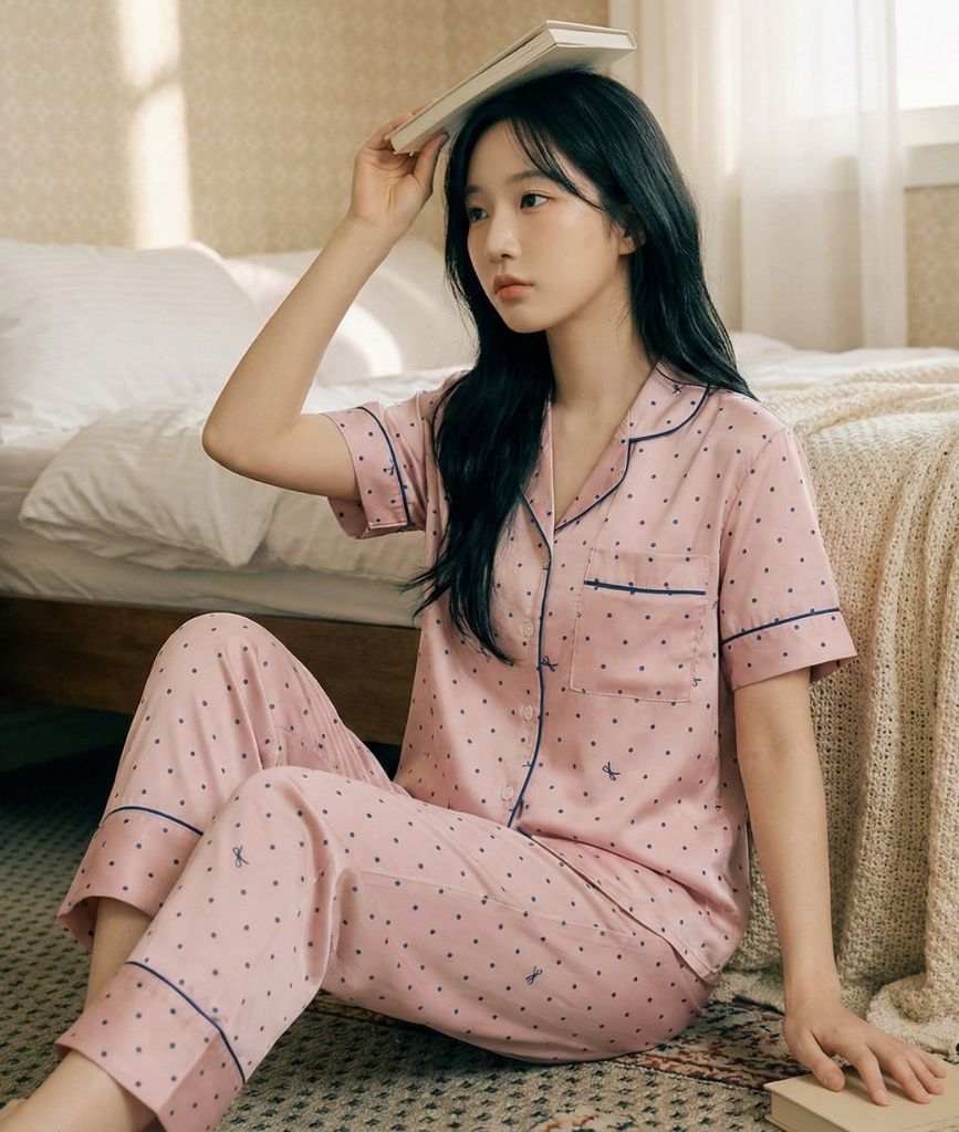  [LUXURY] Pijama Lụa Bi Nơ Hồng 