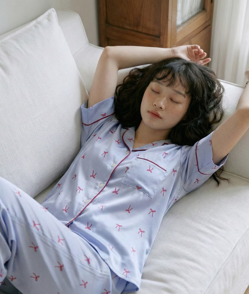  [LUXURY] Pijama Lụa In Nơ Xanh 