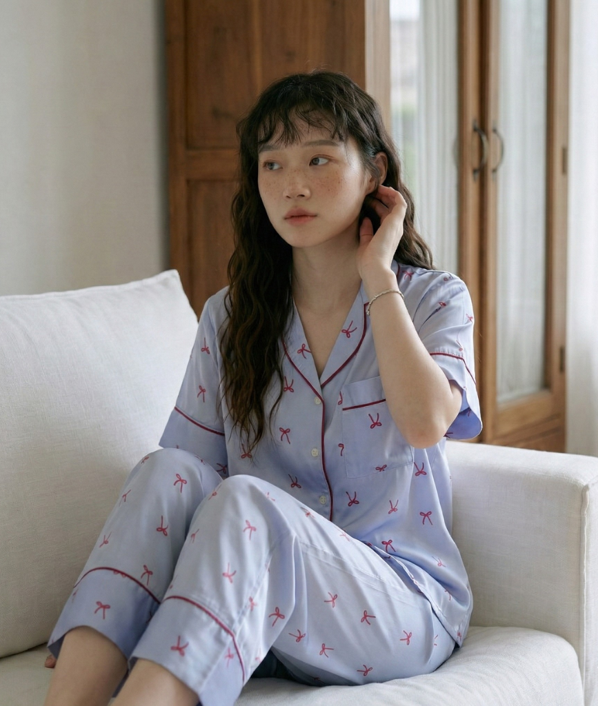  [LUXURY] Pijama Lụa In Nơ Xanh 