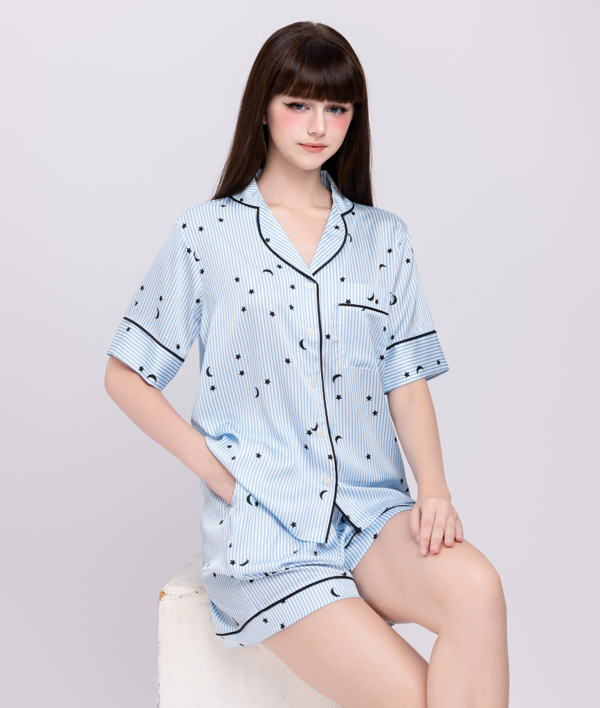 [LUXURY] Pijama Lụa Quần Ngắn Sọc Sao 
