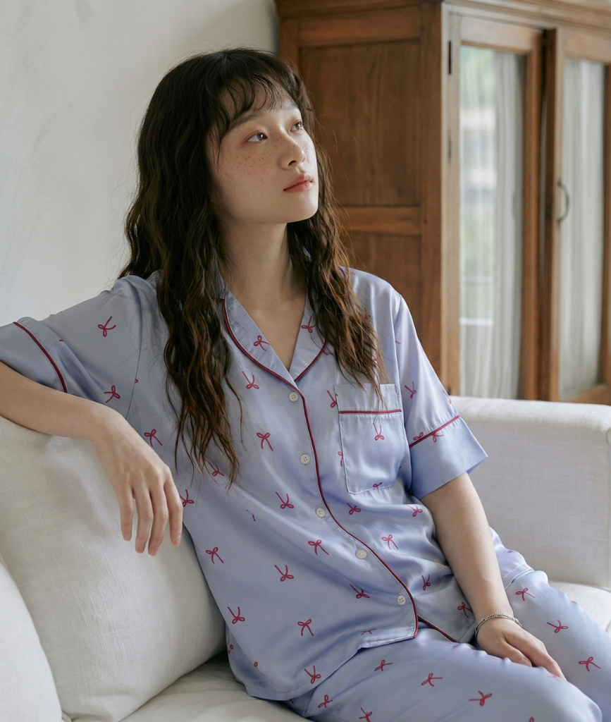  [LUXURY] Pijama Lụa In Nơ Xanh 