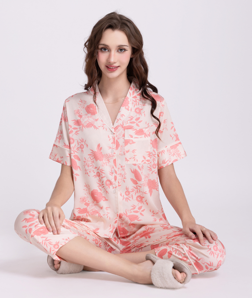 [LUXURY] Pijama Lụa Hoa Hồng Nền Kem