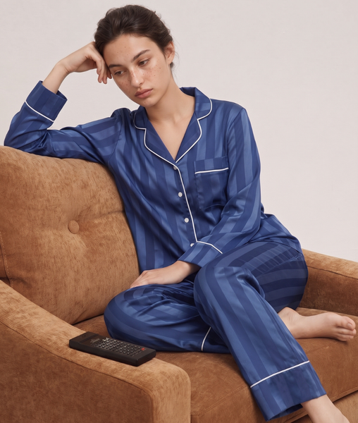 Pijama Tay Dài Gấm Sọc Xanh