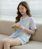  [LUXURY] Pijama Lụa Quần Ngắn Hoa Lam 
