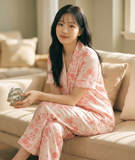  [LUXURY] Pijama Lụa Hoa Hồng Nền Kem 