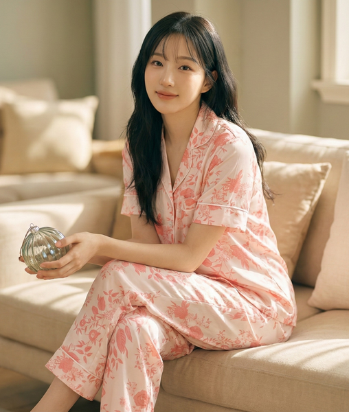[LUXURY] Pijama Lụa Hoa Hồng Nền Kem