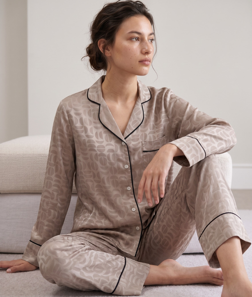 Pijama Tay Dài Gấm Màu Nâu Nhạt