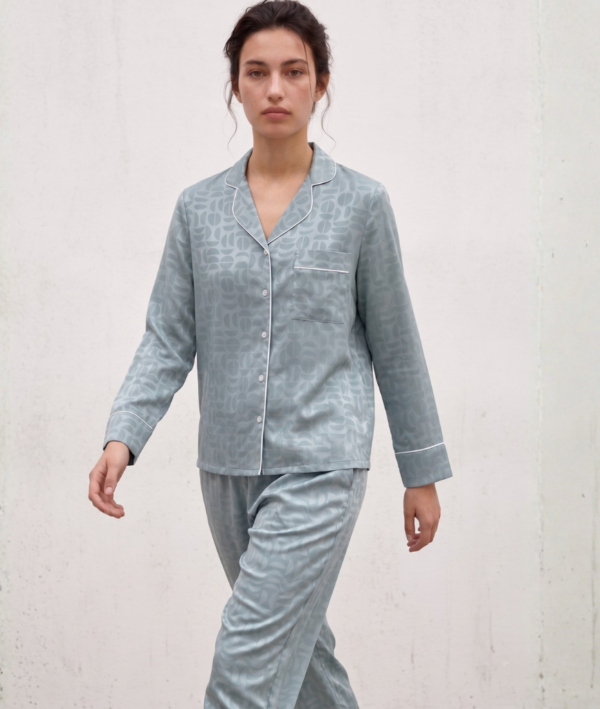  Pijama Tay Dài Gấm Màu Xanh Ngọc 