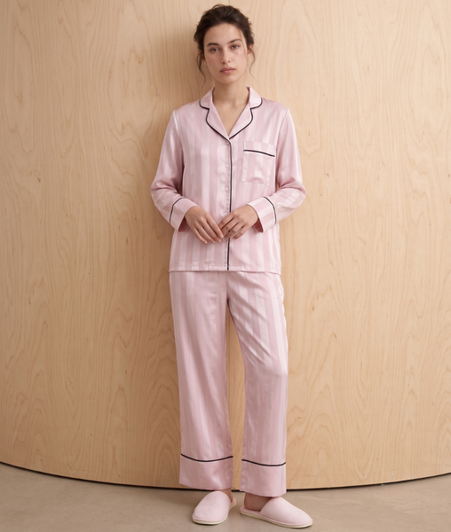 Pijama Tay Dài Gấm Sọc Hồng Nhạt