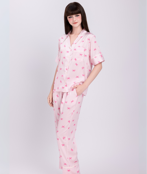 [LUXURY] Pijama Lụa Sọc Nơ Hồng