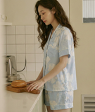  [LUXURY] Pijama Lụa Quần Ngắn Hoa Lam 