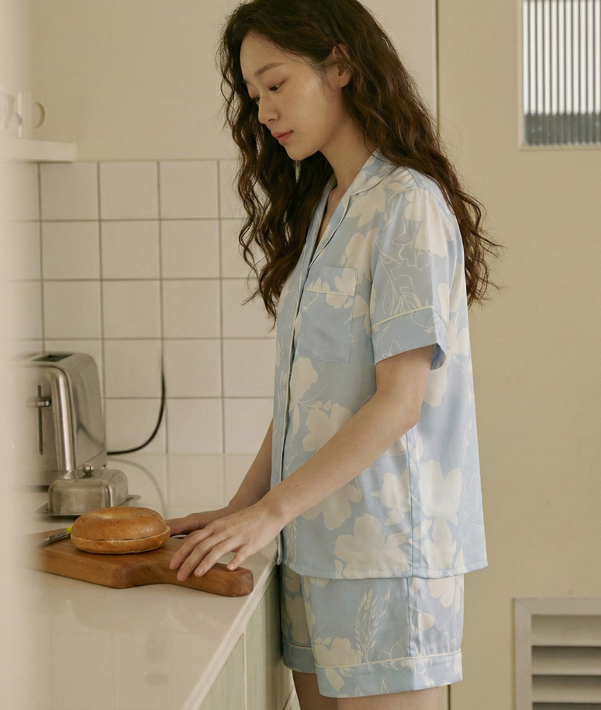  [LUXURY] Pijama Lụa Quần Ngắn Hoa Lam 