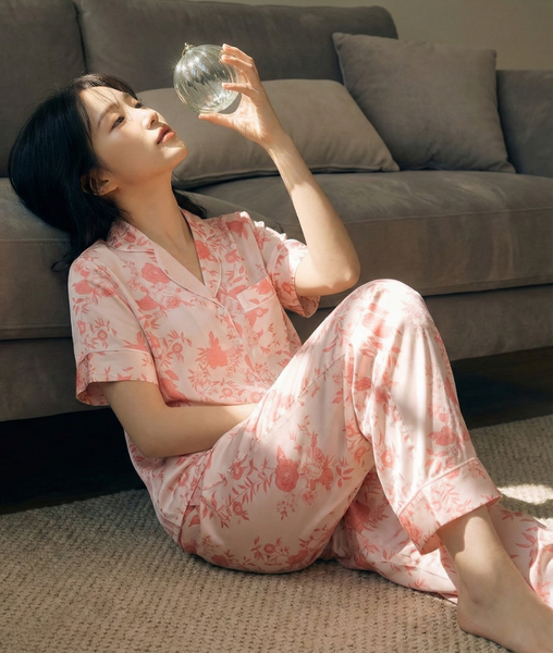 [LUXURY] Pijama Lụa Hoa Hồng Nền Kem