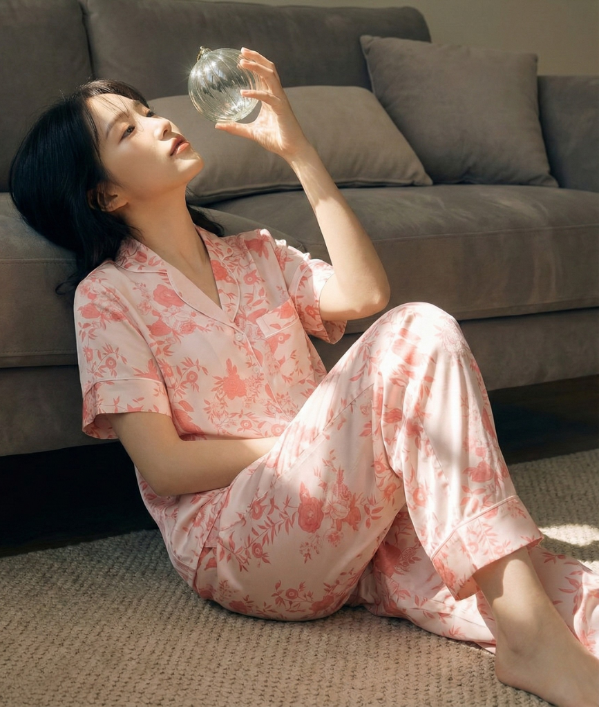  [LUXURY] Pijama Lụa Hoa Hồng Nền Kem 