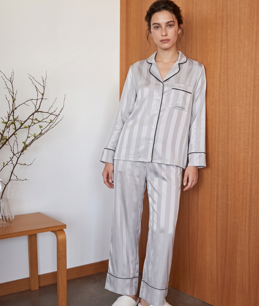 Pijama Tay Dài Gấm Sọc Xám