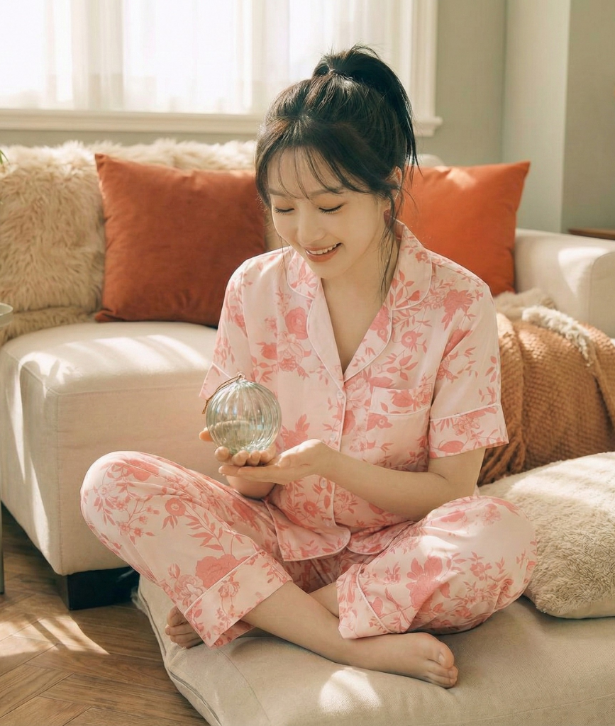  [LUXURY] Pijama Lụa Hoa Hồng Nền Kem 