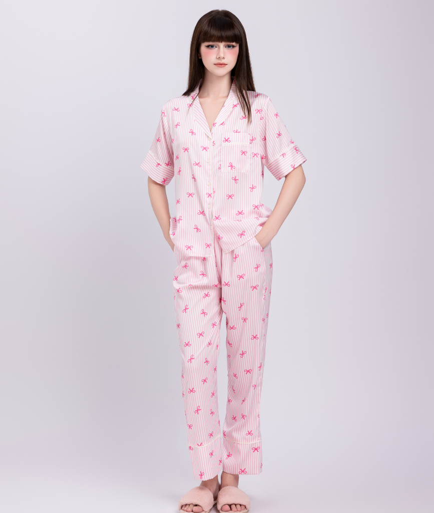  [LUXURY] Pijama Lụa Sọc Nơ Hồng 