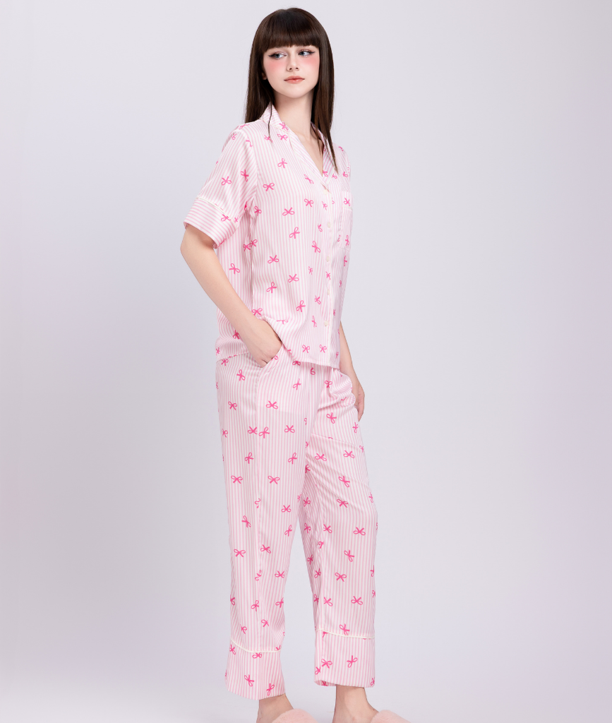  [LUXURY] Pijama Lụa Sọc Nơ Hồng 