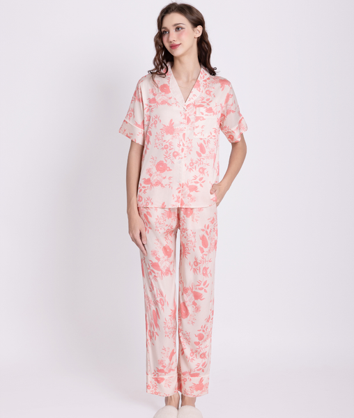 [LUXURY] Pijama Lụa Hoa Hồng Nền Kem
