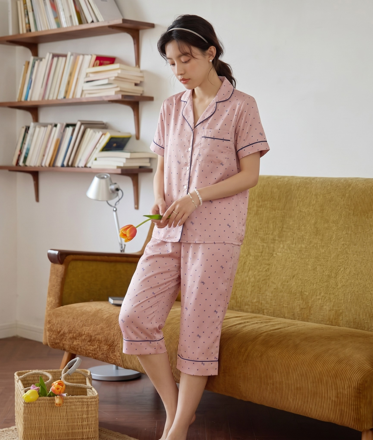  [LUXURY] Pijama Quần Lửng Bi Hồng 