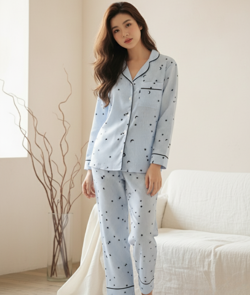  [LUXURY] PJ Lụa Tay Dài Sọc Xanh 