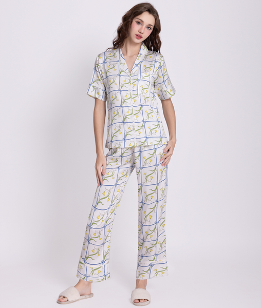 [LUXURY] Pijama Lụa Hoa Ô Vuông
