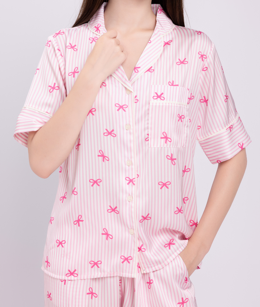  [LUXURY] Pijama Lụa Sọc Nơ Hồng 