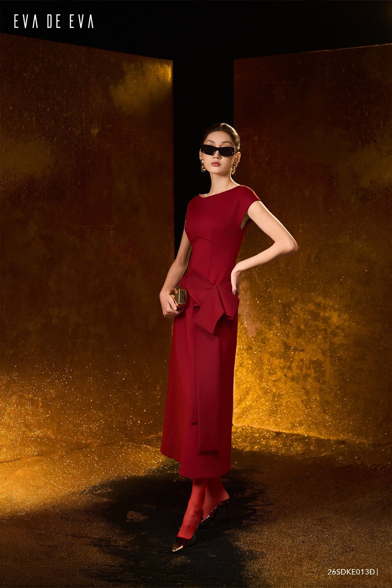  Đầm tay ngắn, Dáng thắt eo 26SDKE013Đ 