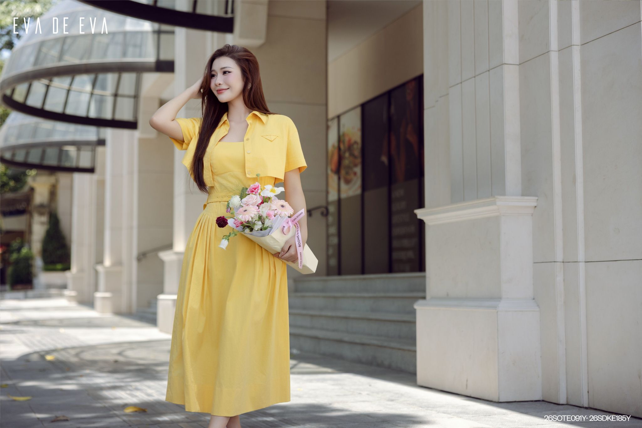  Đầm hai dây, Dáng thắt eo 26SDKE185Y đi kèm 26SOTE091Y 